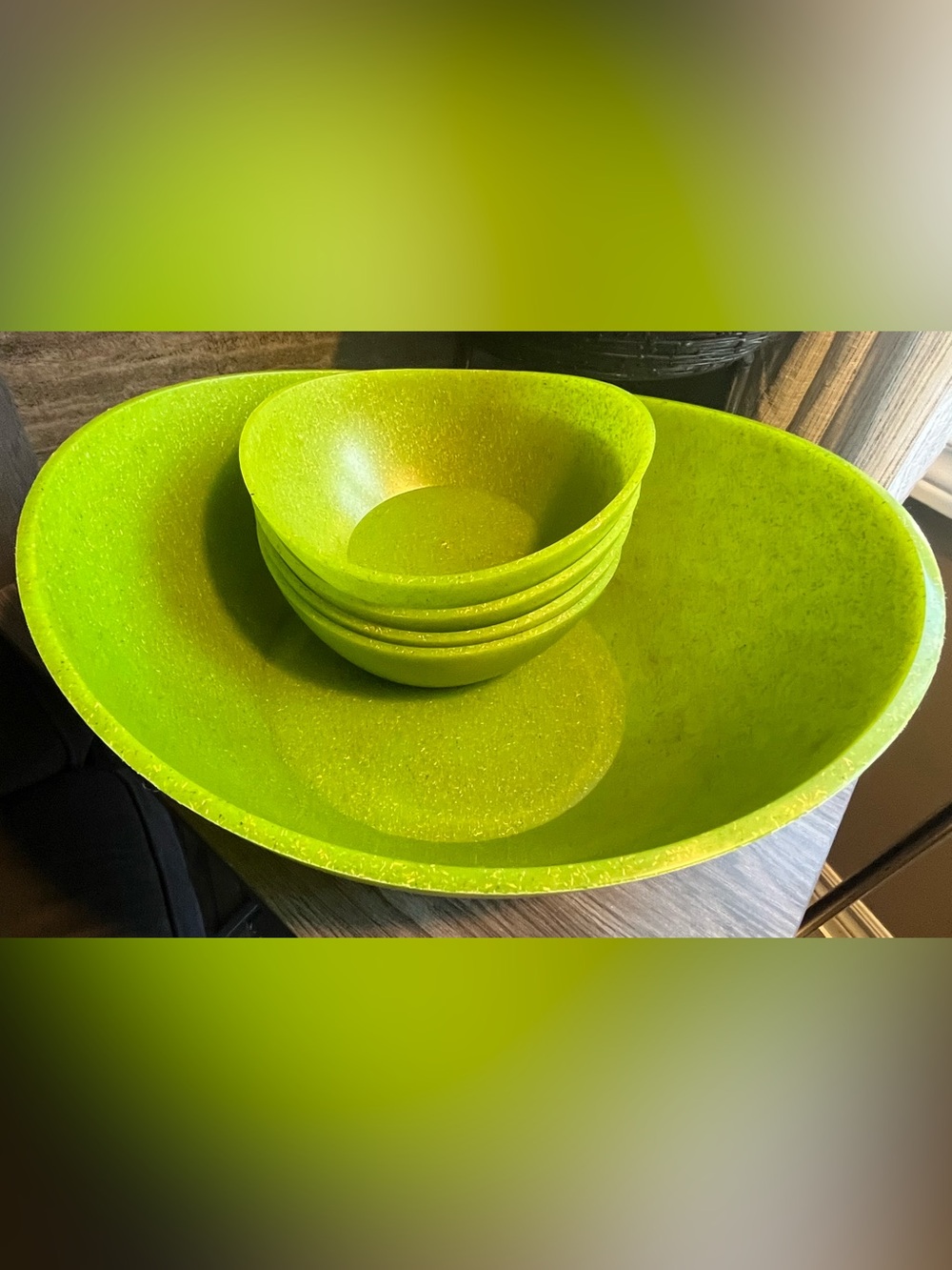 Eco by Architec 🇺🇸 Bamboo Bowl Set Green Speckled 14” Oval Serving +4 Bowls Rare